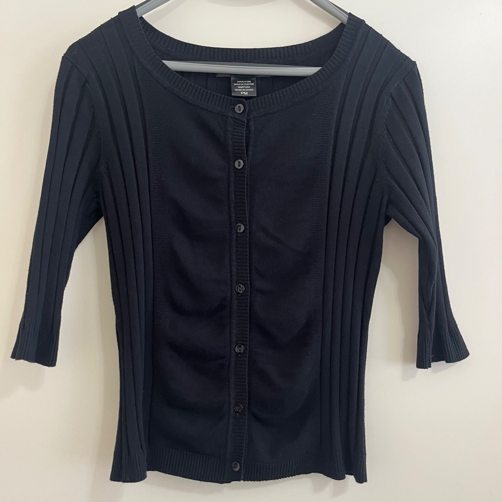 United States Sweater Women Petite M Ribbed Cardigan Button Front‎ 3/4 Sleeves.